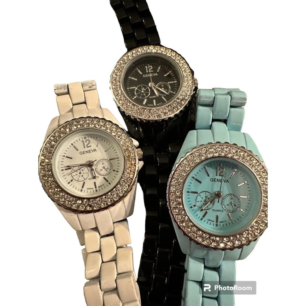 3 Geneva Rhinestone Bezel Enamel Watches